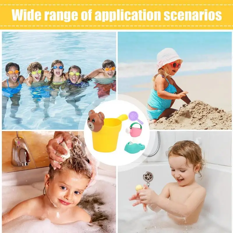 Arrosoir de plage en silicone, 4 pièces, jouets de bain, sable de plage, tasse à shampoing, passoire, baleine, roue d'eau, jouets d'été