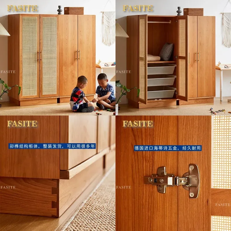 For Solid Wood Children Wardrobe Modern Simple Cherry Wood Log Clothes Storage Cabinet Household Bedroom Economical Furniture