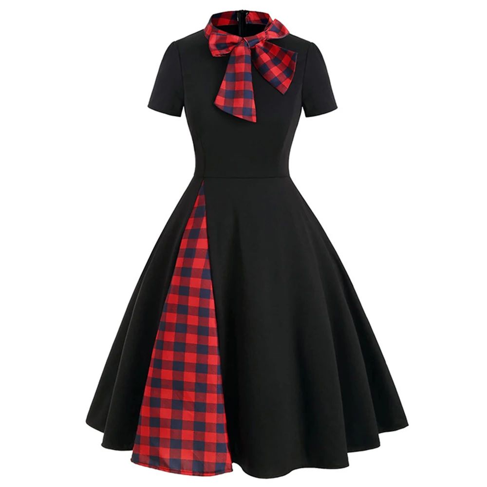 Women Christmas Dresses 2024 New Christmas Plaid Stand Collar Zipper Bow Princess Slim A-Line Mid-Waist Dress women's carnival