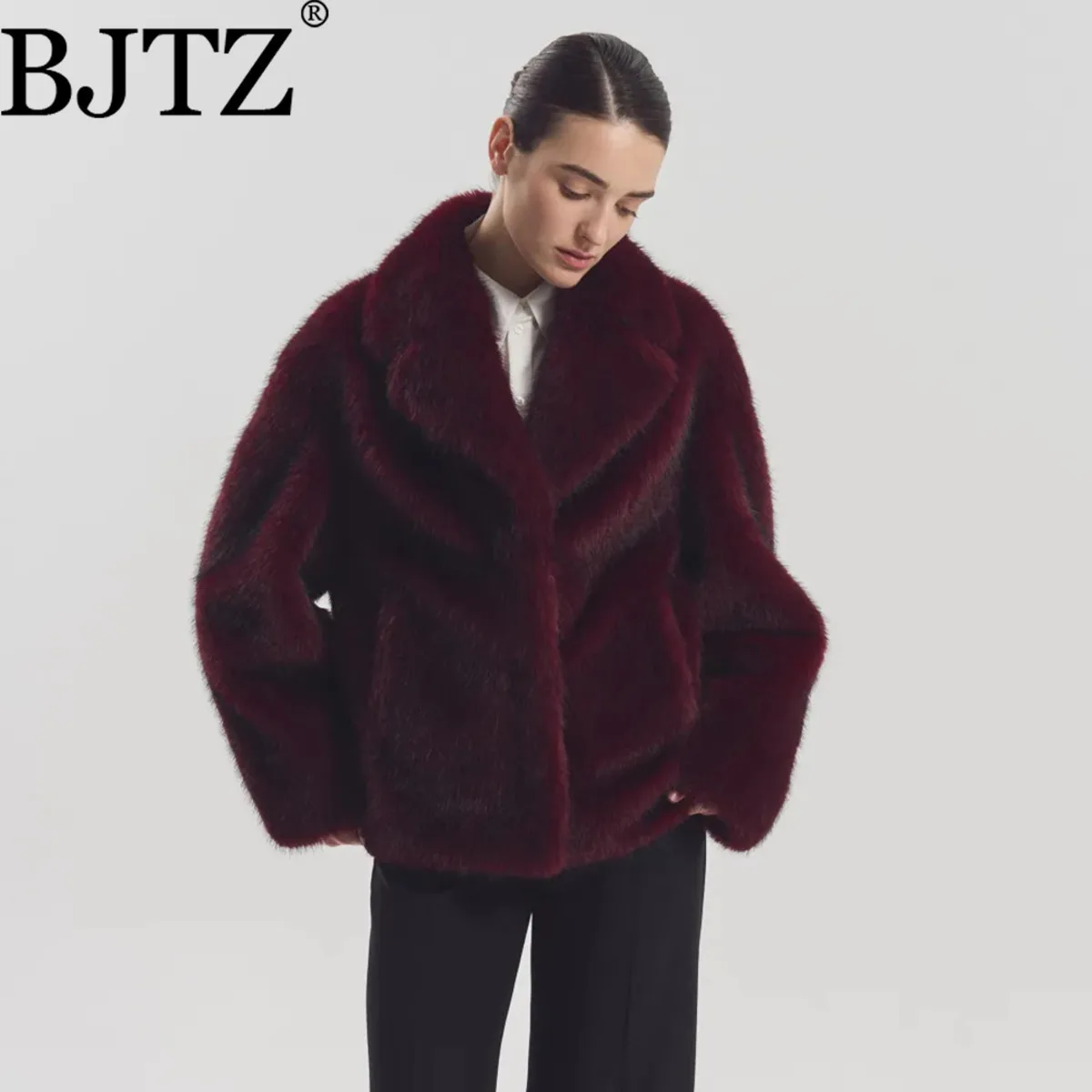 

BJTZ Women’s Faux Fur Jacket Winter 2025 Big Lapel Collar Thick Warm Plush Elegant Minimalist Casual Comfortable Premium Fashion