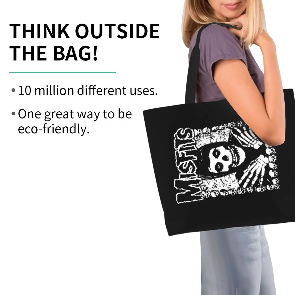 Reusable Misfits Rock Punk Skull Shopping Bag Women Canvas Shoulder Tote Bag Portable Groceries Shopper Bags