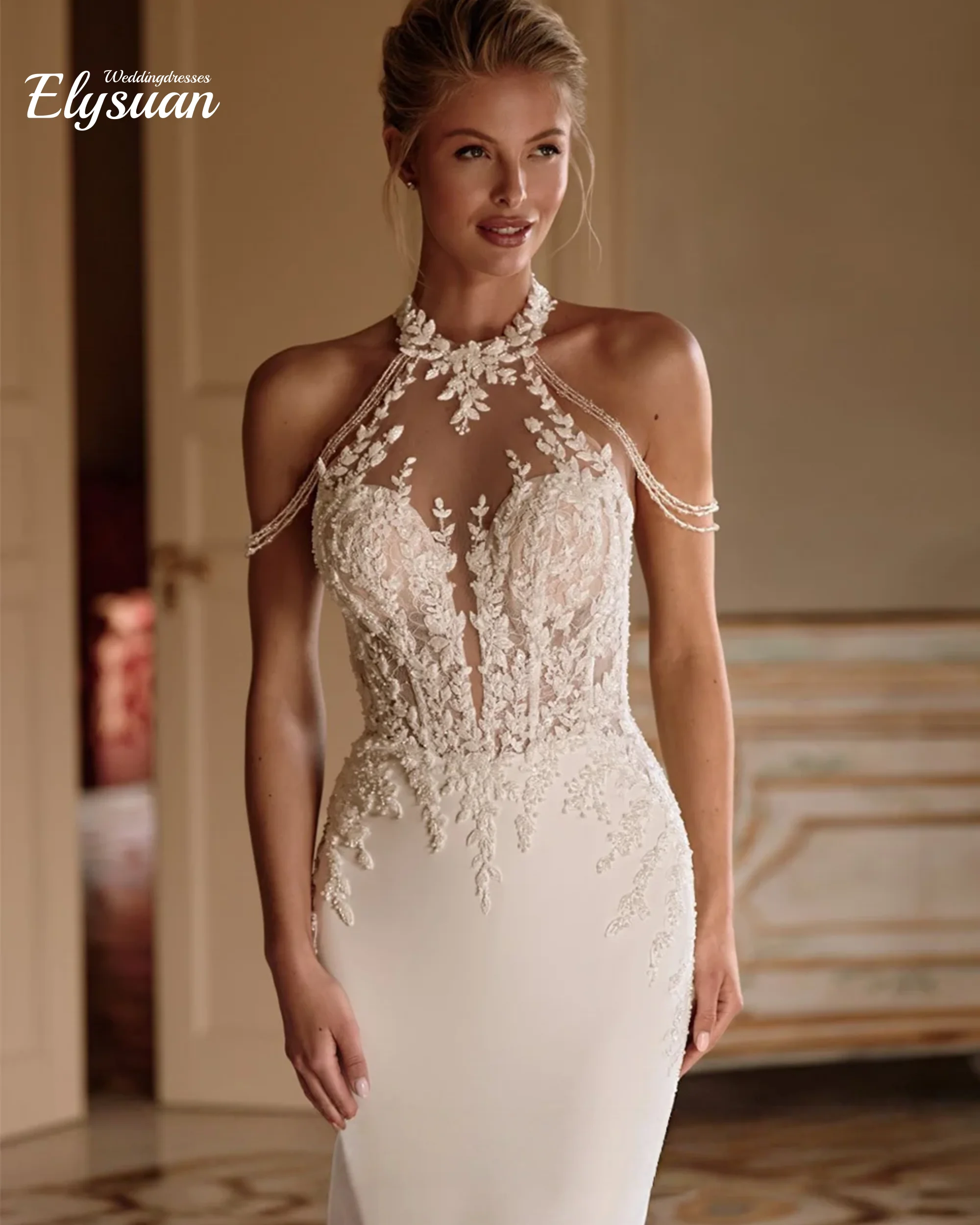 Customized Sexy Mermaid Wedding Dresses Bridal Gown Halter Sleeveless Open Back Beading Applique Sweep Train B Vestidos De Novia