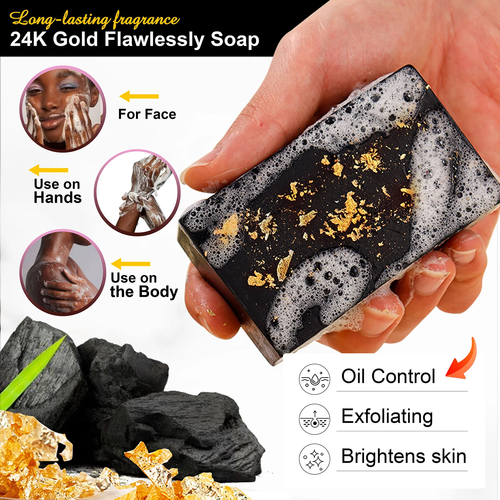 صابون تبييض من رقائق الذهب عيار 24 قيراط من AILKE، تفتيح، حتى لون البشرة، تحسين مرونة البشرة، التنظيف العميق، إزالة حب الشباب والبقع #4