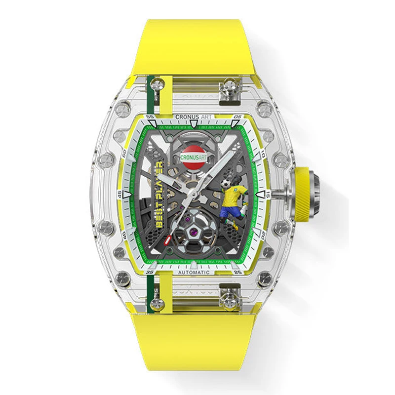 CRONUSART Men Automatic Watch 50MM Tonneau Mechanical Wristwatch K9 Case & Mirror Luminous Fluororubber Strap Football Dial