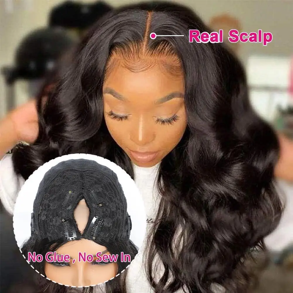 

V Part Body Wave Human Hair Wigs No Leave Out 16-24 Inch Machine Made V Shape Wavy Wig Brazilian Hair For Women Natural Color