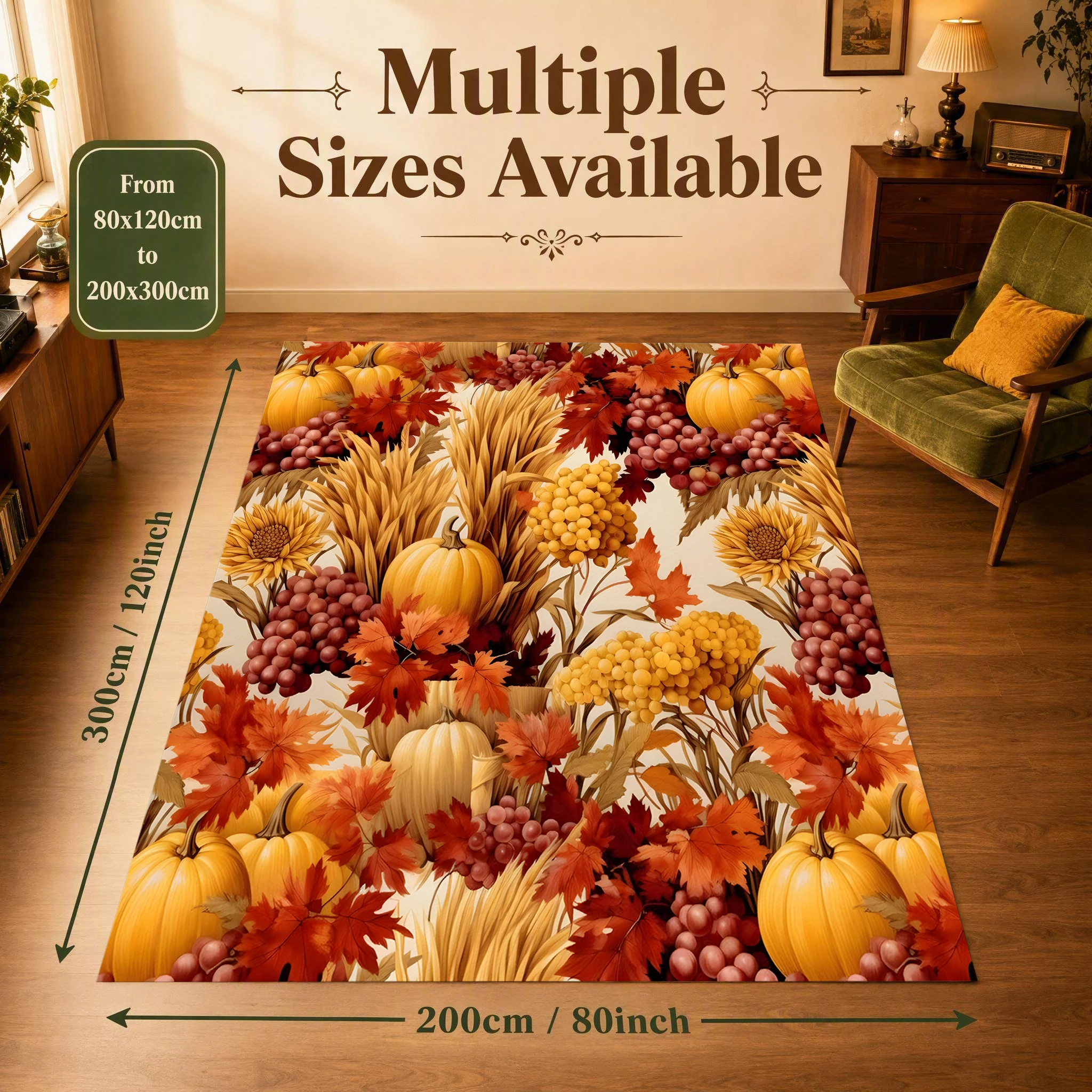 Harvest Grain Pumpkin Maple Leaf Full‑Print Velvet Area Rug, for Living Room Bedroom, Autumn Winter Retro Pastoral Decor