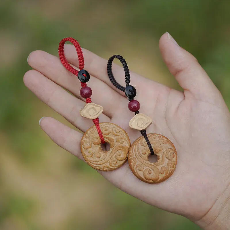 Peach Wood Peace Buckle Car Keychain Pendant Chinese Zodiac Year Key Chain Hanging Ornament for Daily Carry Gifts