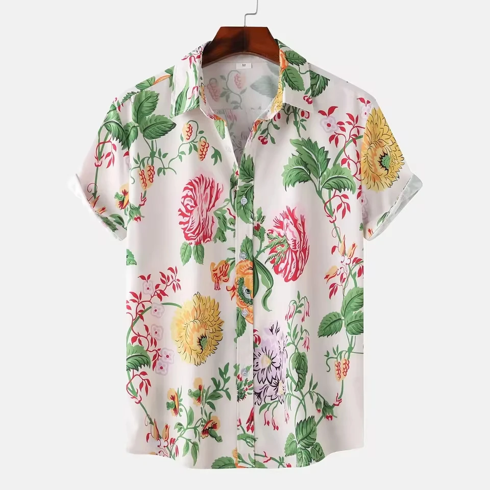 Mens Floral Print Shirts Short Sleeve Button Down Shirts Tropical Summer Beach Summer Breathable Loose Linen Shirt