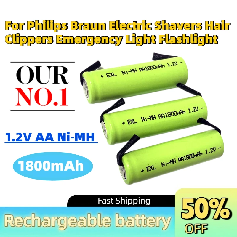 In Stock 1800mAh 1.2V AA Ni‑MH Rechargeable Battery for Philips Braun Electric Shavers Hair Clippers Emergency Light Flashlight