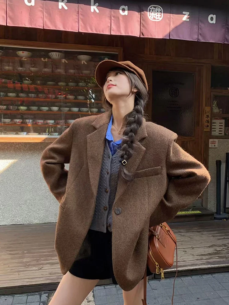Vintage Faux Wool Suit Jacket Women Y2K Winter Thick Loose Streetwear Warm Casual Coats Korean Chic One Button Blended Blazers