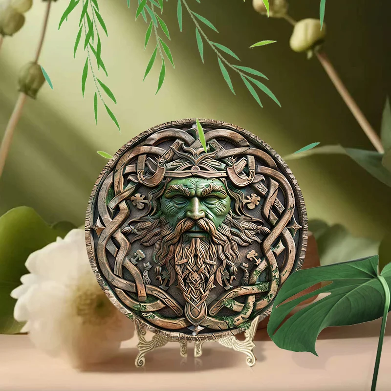 Green Man Face Aluminum Wall Art, 8-Inch, Celtic Style Carved Design Sign, Pre-Drilled, Weatherproof and HD Printed Metal Decor