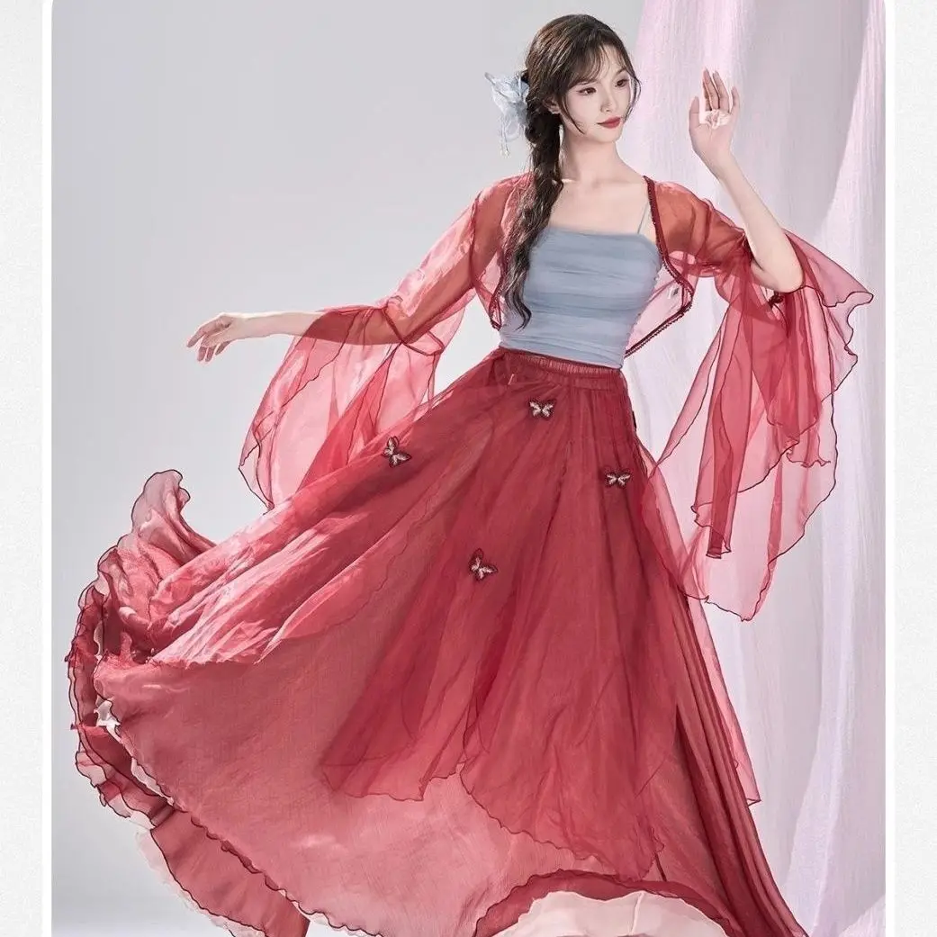 Traje de performance de dança clássica vermelho fluindo gaze vestido dança chinesa étnico estilo antigo prática desempenho grande balanço