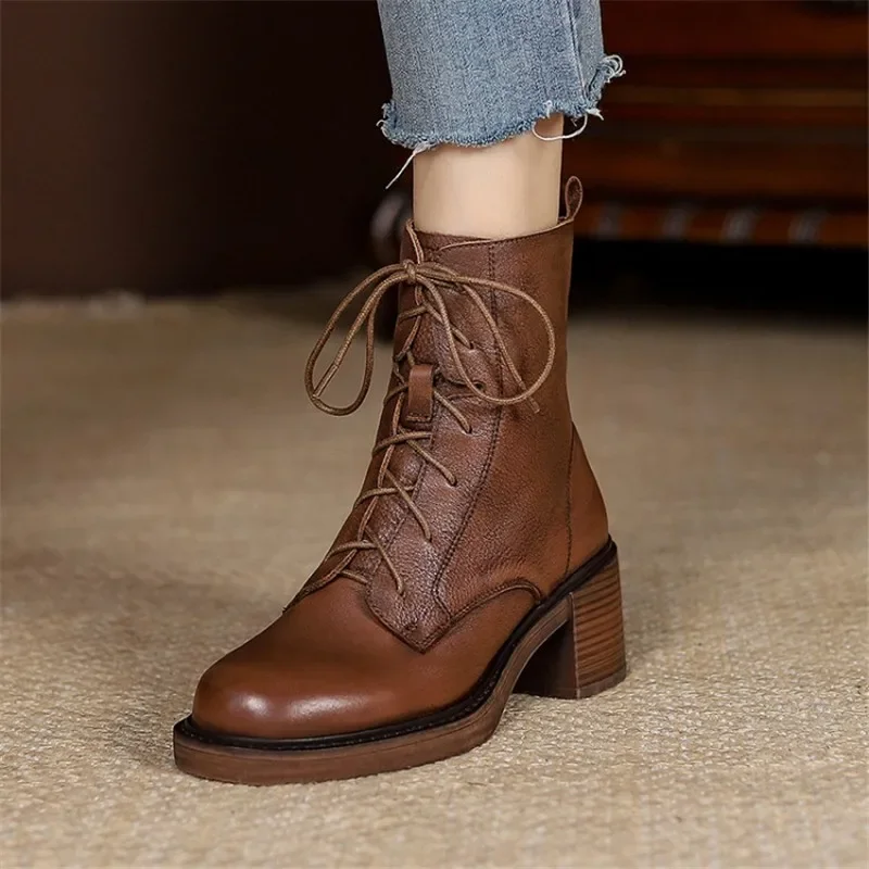 2024 Winter Genuine Leather Women Boots Round Toe Thick Heel Lace Up Fashion Ankle Boots Retro Boots  Platform Shoes Heels Grown