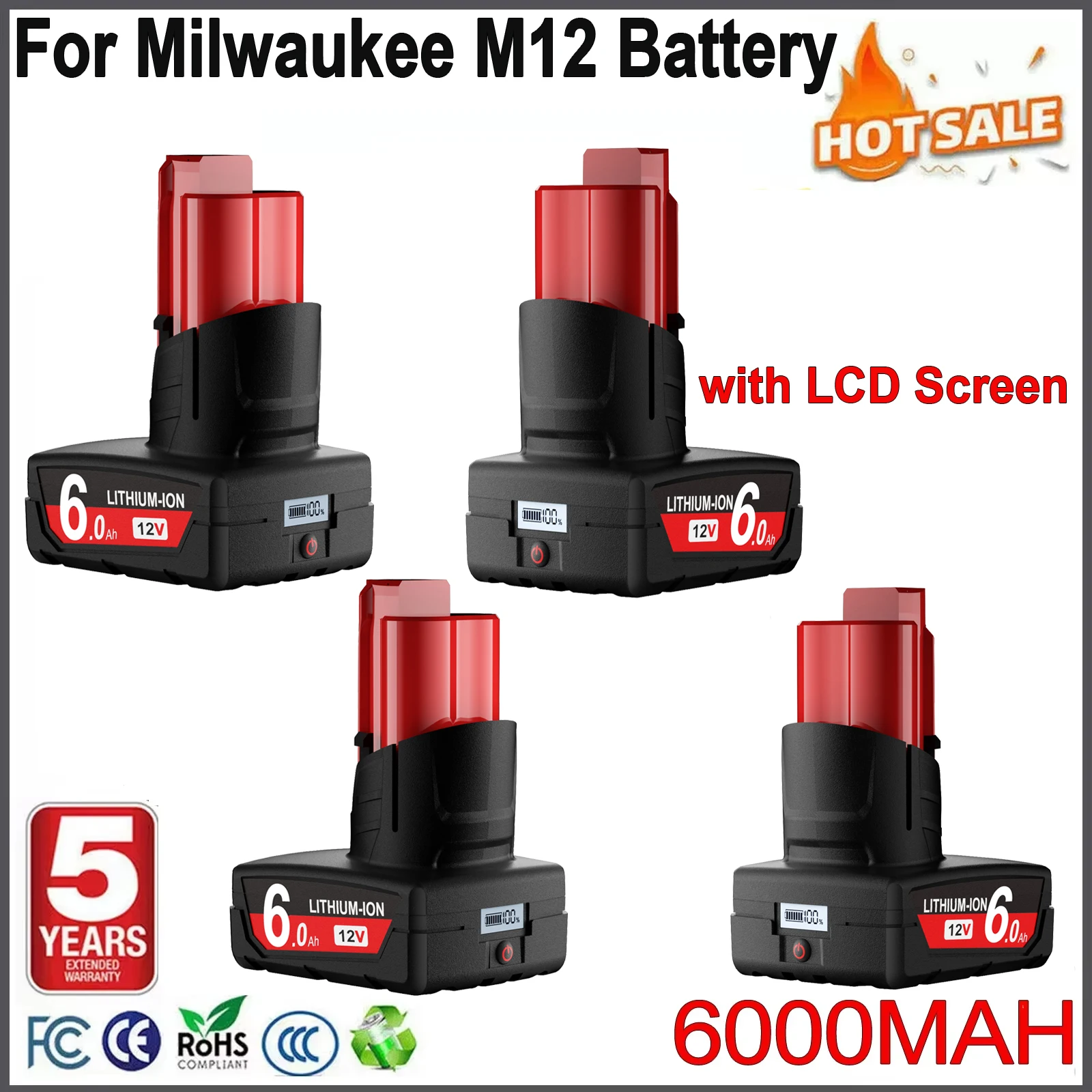 Bonacell 6000 mAh Ersatzakku für Milwaukee M12 mit LCD-Bildschirm, 12 V Elektrowerkzeug, 48-11-2402, 48-11-2411, 48-11-2401, wiederaufladbarer Akku