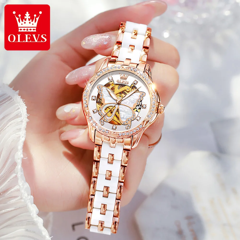 OLEVS-Relógio Mecânico Feminino, Relógio de Pulso, Pulseira de Couro Automático, Presente para Senhoras, Marca Top, Moda Suíça, Luxo