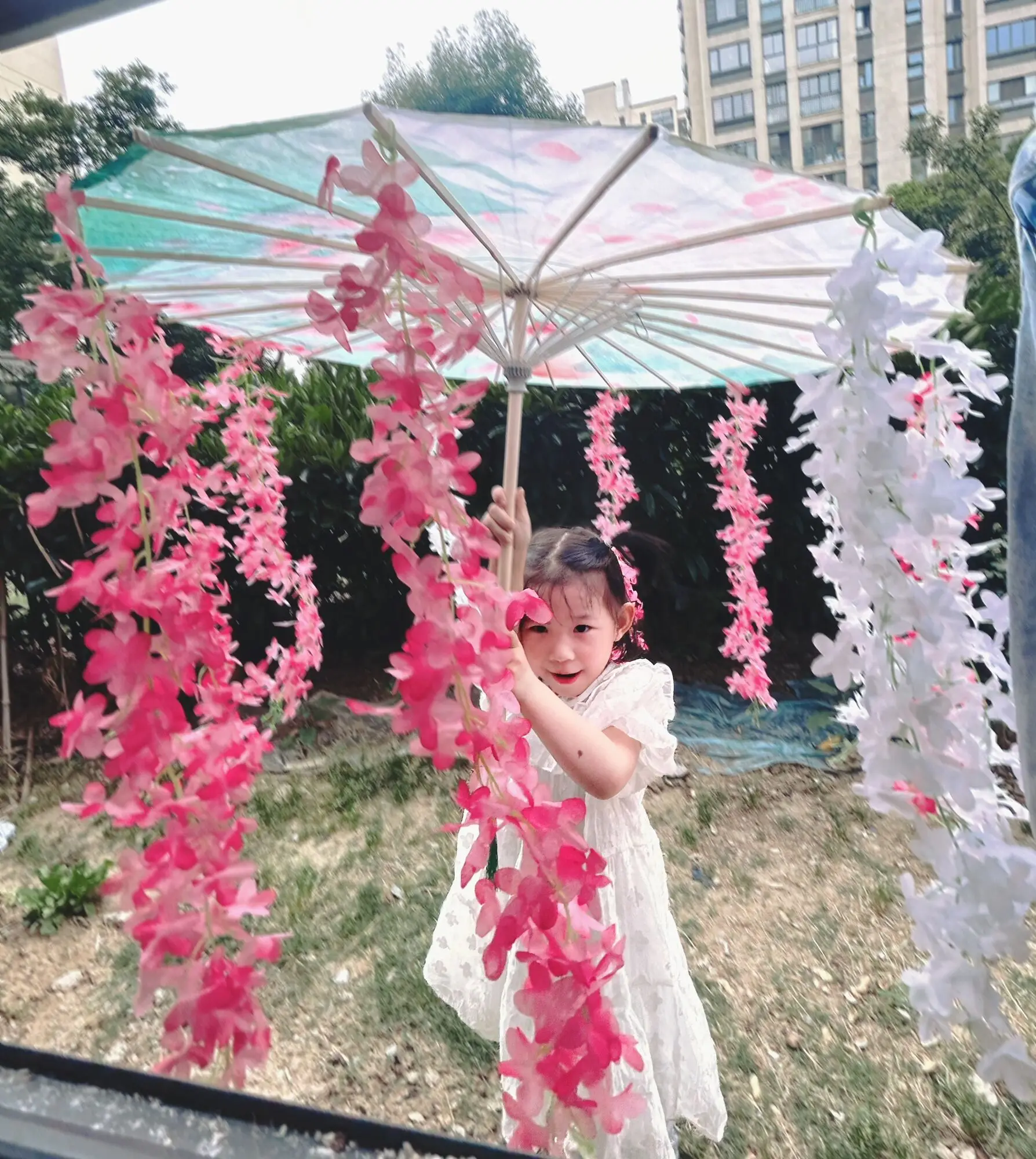 Pink Green Yellow Flowers Umbrella  Hanfu Tassel Anime Umbrella Windproof For Beach Dance Cosplay OilPaper Umbrella Parasol