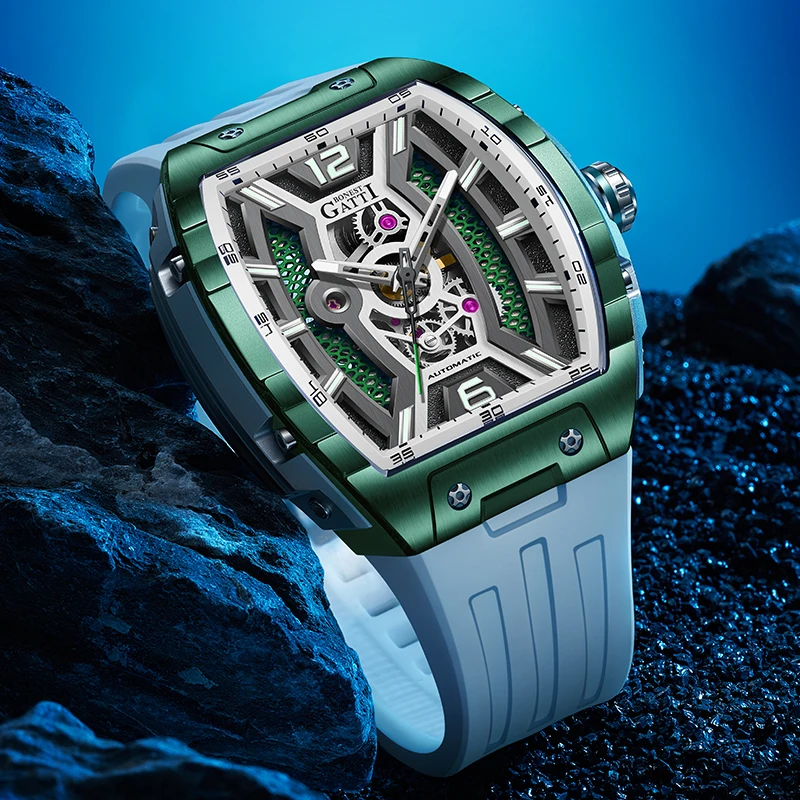BONEST GATTI Germany Automatic Skeleton Luminous Men's Luxury Watch Sapphire Crystal Rubber Strap Chronograph Men's Watch