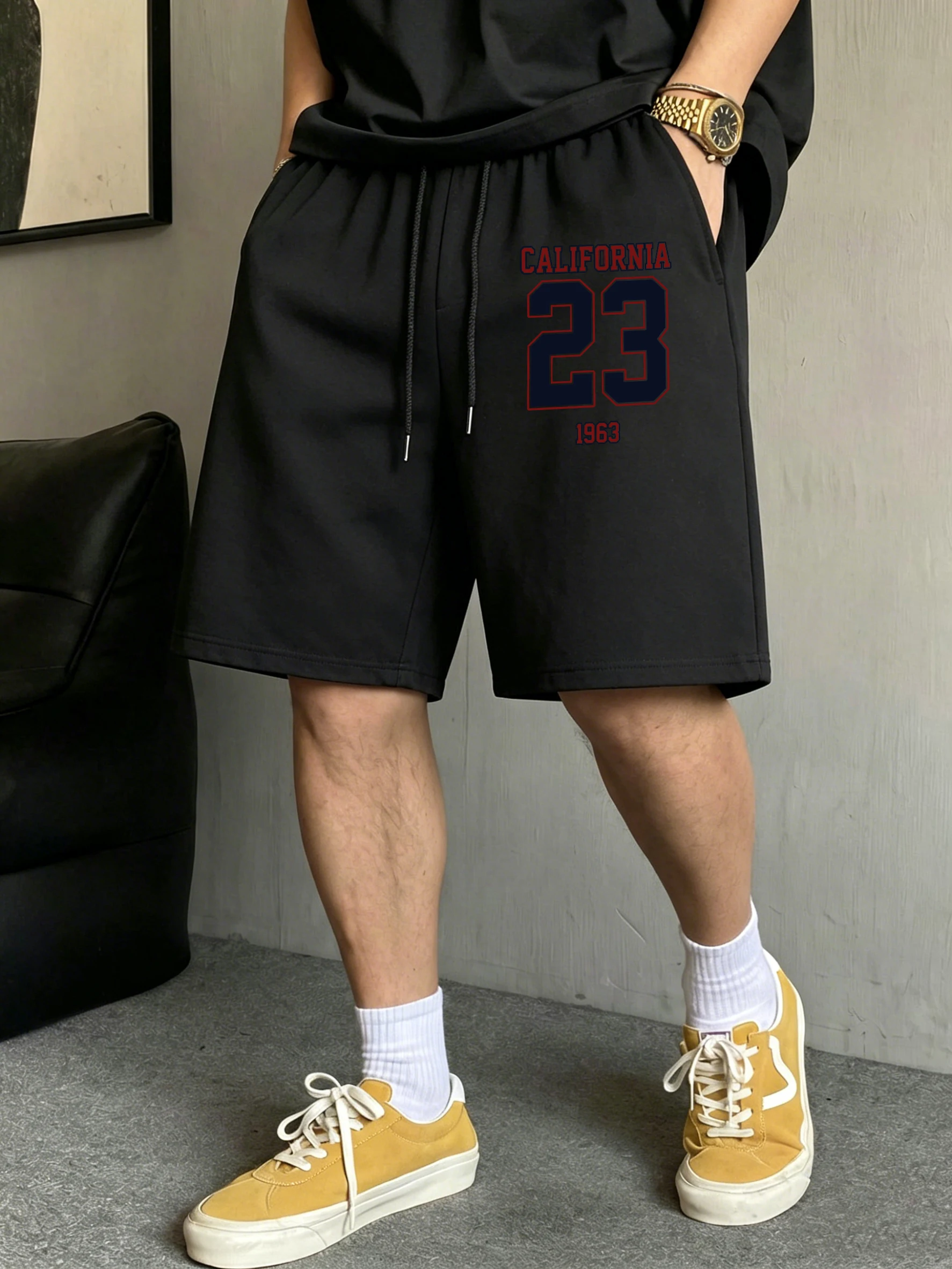 1963 California 23 Design Pocket Swimming Trunks Men Summer Trendy Shorts Loose Streetwears Retro All-Match Black Wide-Leg Pants