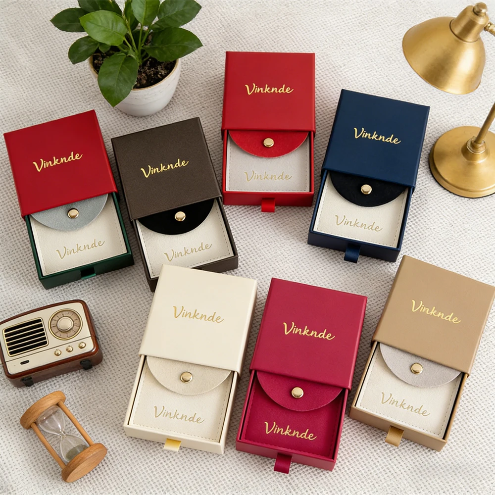 

50Pcs 9x9x3.2cm Custom Logo Paper Jewelry Packaging Boxes Slide Drawer Earrings Rings Boxes Necklace Microfiber Bag Gift Pouch