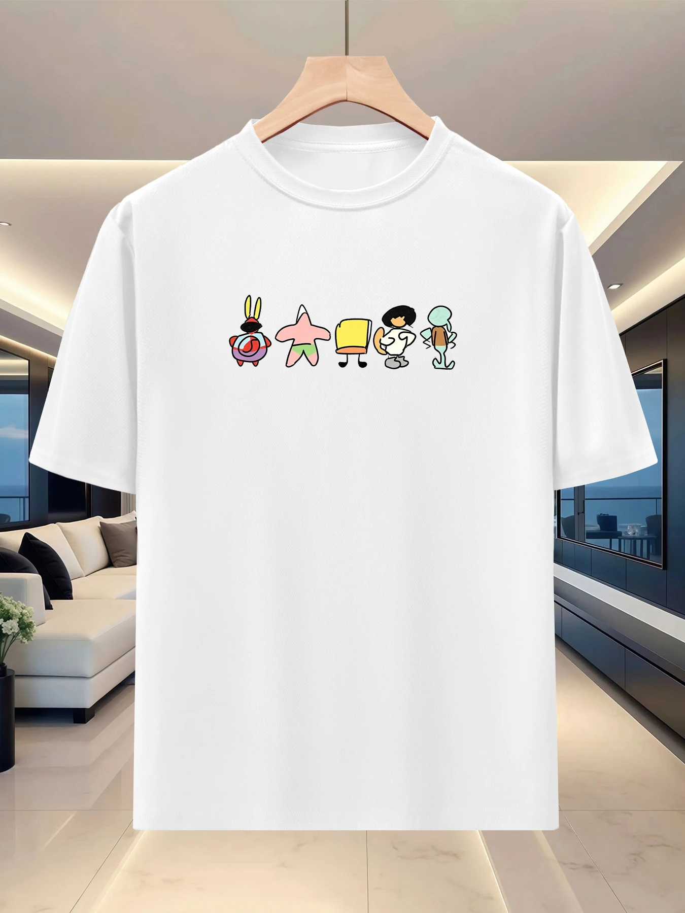 Casual style men's loose shoulder T-shirt for spring and summer camping, creative printing, lazy round neck base shirt
