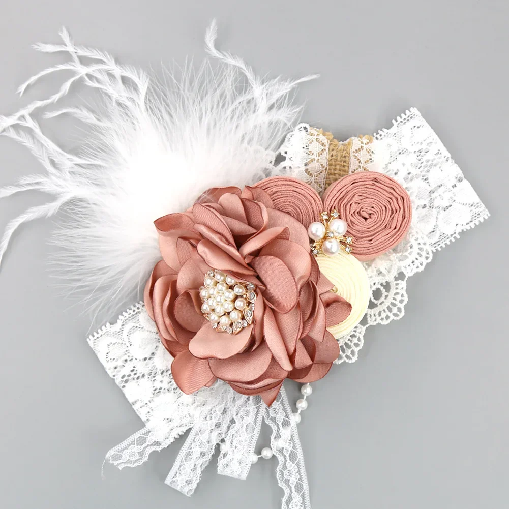 Krullend Rose Pearl Chain Kids Hoofdband Zwaluwstaart Veer Kant Boog Brede Rand Baby Hoofdband Groothandel Hair Accessoires