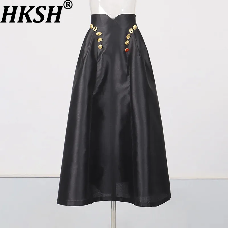 HKSH Women Skirt Elegant Fashion Metal Button Decoration A-Line Draped Waist Cinching Slim Solid Color Niche Long Skirts HK19630