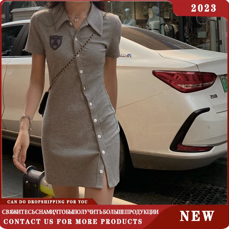 2023 New Polo Collar Dress Women's Spring Summer Sweet Hot Girl Style Self-Cultivation And Thin Design Sense Bag Hip Ins Tide