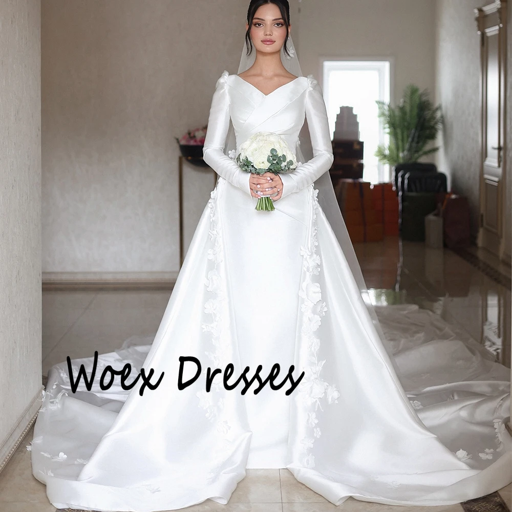 Customized V-neck Appliques Full Sleeves Satin Wedding Dress Watteau Train Mermaid Pleat Bride Gown Floor Length Wedding Gown