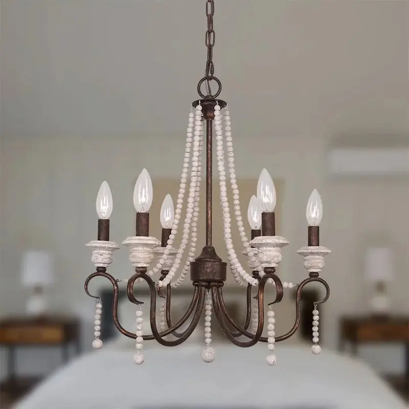 French home bed and breakfast living room dining room lamp wrought iron old wooden bead decoration children's room chandelier