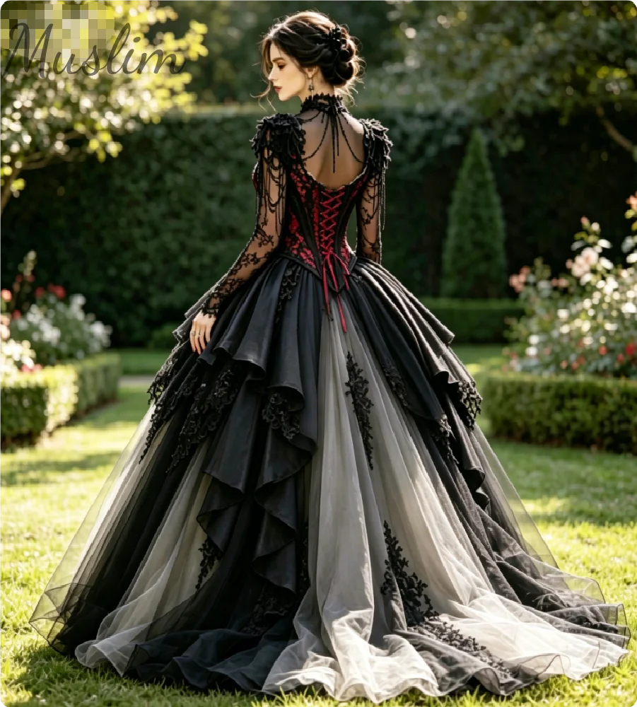 Vintage Renaissance Gothic Wedding Dress Fantasy Whimsigoth Red Black Corset Lace Gradient Gray Tulle Bridal Gown 2026 Halloween