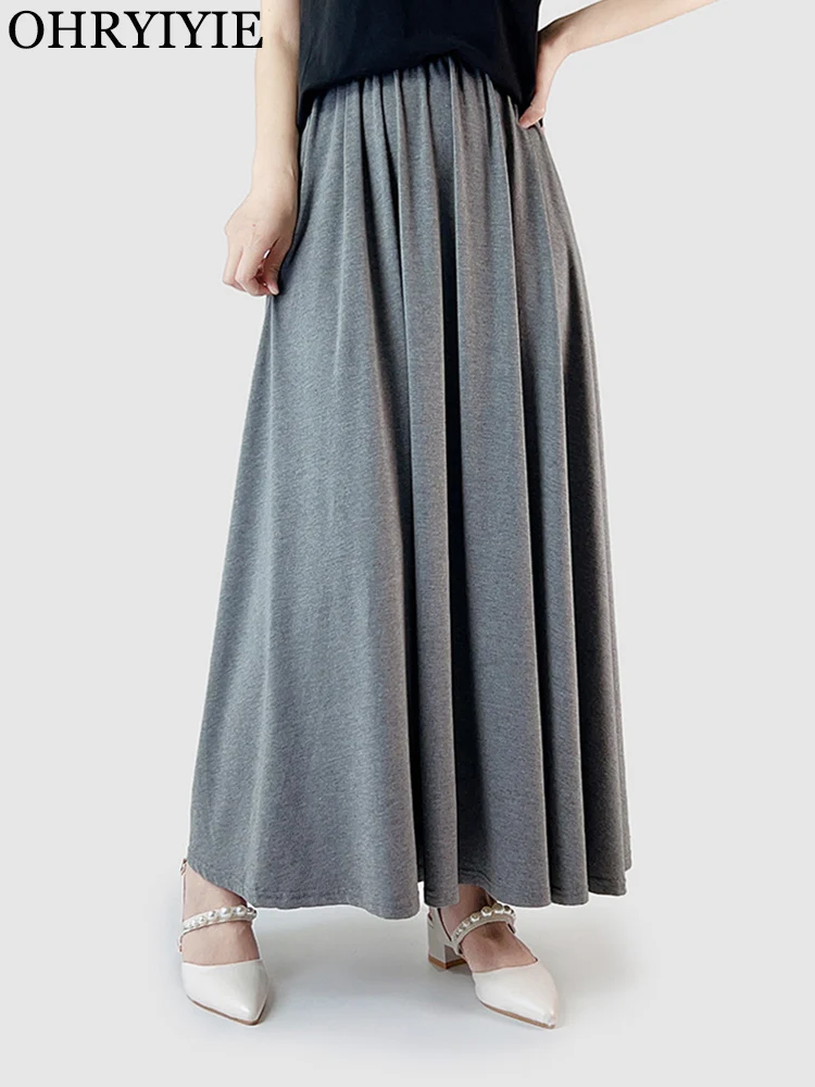 

OHRYIYIE Gray Black Floor-Length Long Skirt Women Summer Modal Cotton Lengthen Maxi Skirt Female Spring Autumn A-Line Skirt Lady