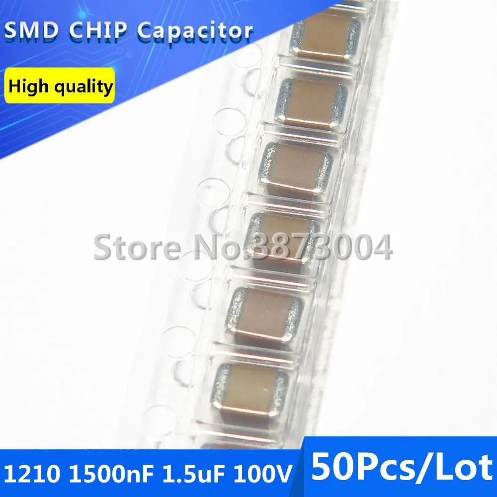 

50pcs 3225 1210 1500nF 1.5uF 100V X7R 10% Thick Film Chip Multilayer Ceramic Capacitor