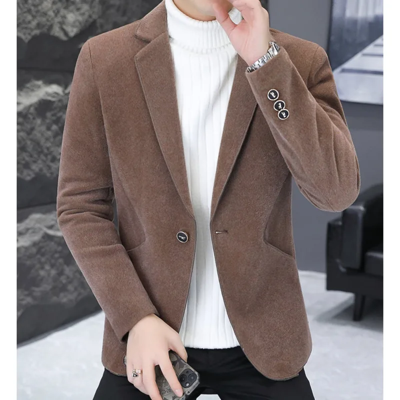 Autumn and Winter Men's Nizi Plush Thickened Warm Small Suit Solid Color Casual Business Suit Men's Slim Fit Social Dress Coat