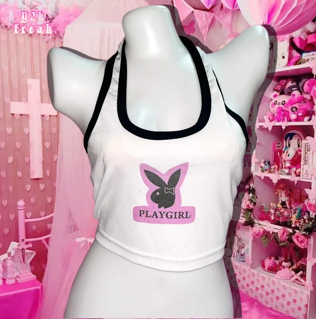 Y2K PlayGirl Halter Tank Tops Vintage Spice Girl Printed Rabbit Egirl Crop Top  Unique Top T Shirt