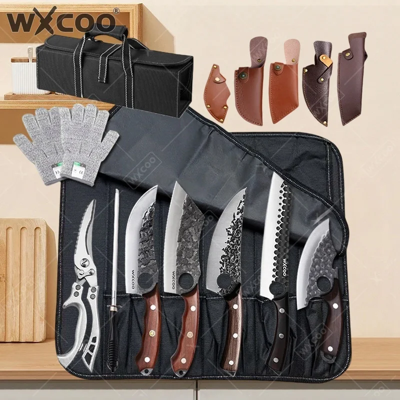 WXCOO Hand Forged Butcher Knife Boning Knife Cooking Kitchen Knife with Roll Storage for Meat Cutting Fruit Peeling