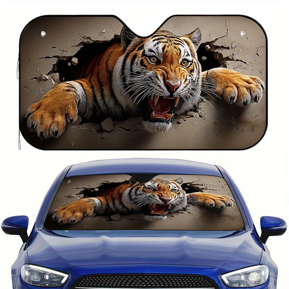 One-Piece 2D Flat Tiger Design Sunshade For – Fashionable And Collapsible, Maintains A Cool Temperature Inside Your Vehicle, Fea