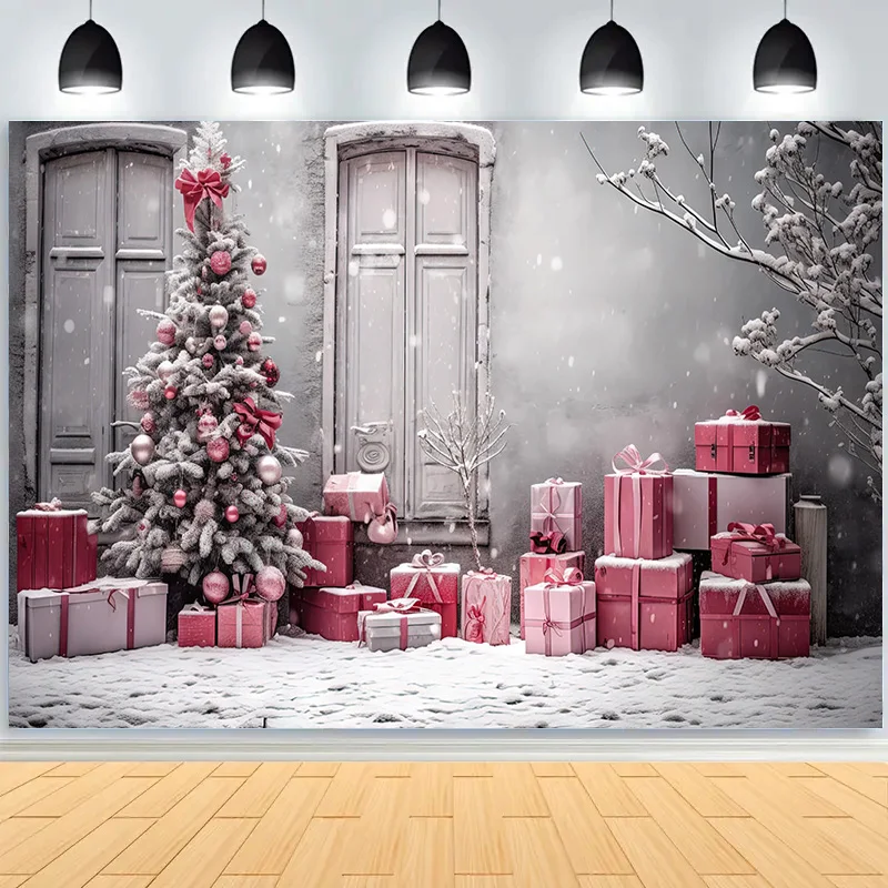 Albero di Natale con pavimento in legno Fondali fotografici Pigne Camino da neve Capodanno Festa invernale Sfondo DT-24