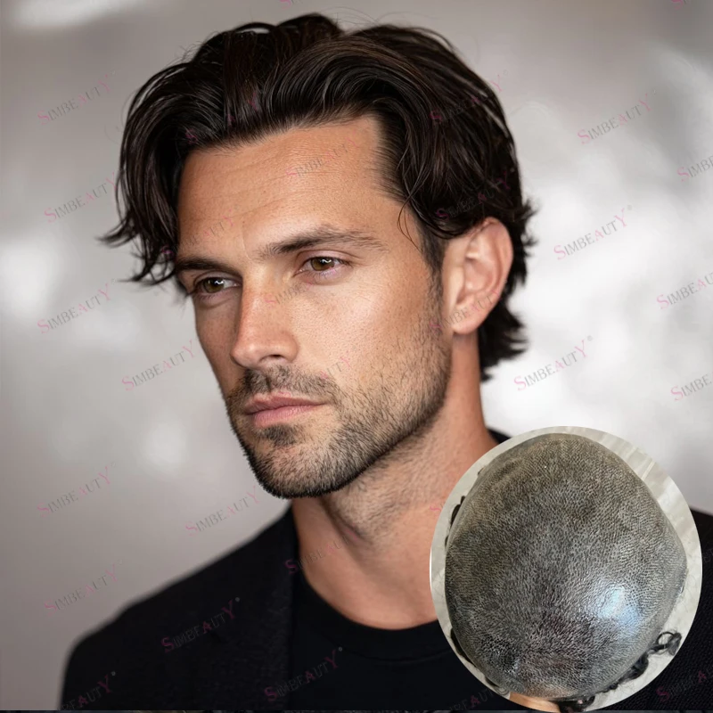 

Мужской парик из 100% натуральных волос, 6 дюймов, с естественной линией роста волос, 30 мм, волнистый, незаметный, на тонкой полиуретановой основе, серо-коричневый, система замещения волос для мужчин