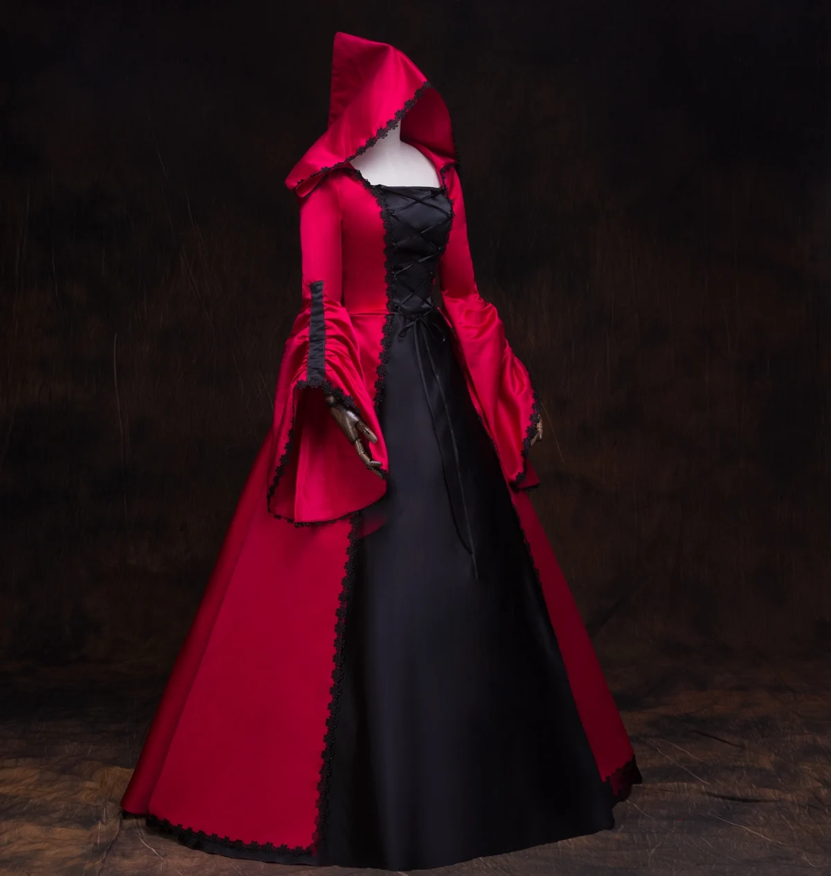 

Retro Court Dress Long Sleeve Hooded Red Party Long Dress Women's Fashion Elegant Draped Gown Full Sleeve Bell Sleeve