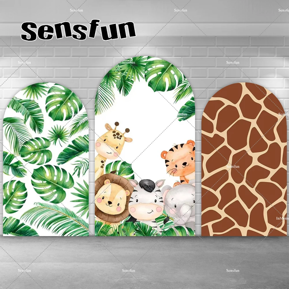 

Cartoon Animals Boys Safari Jungle Birthday Party Chiara Arch Backdrop Cover Green Leaves Giraffe Pattern Wild One Backgrounds