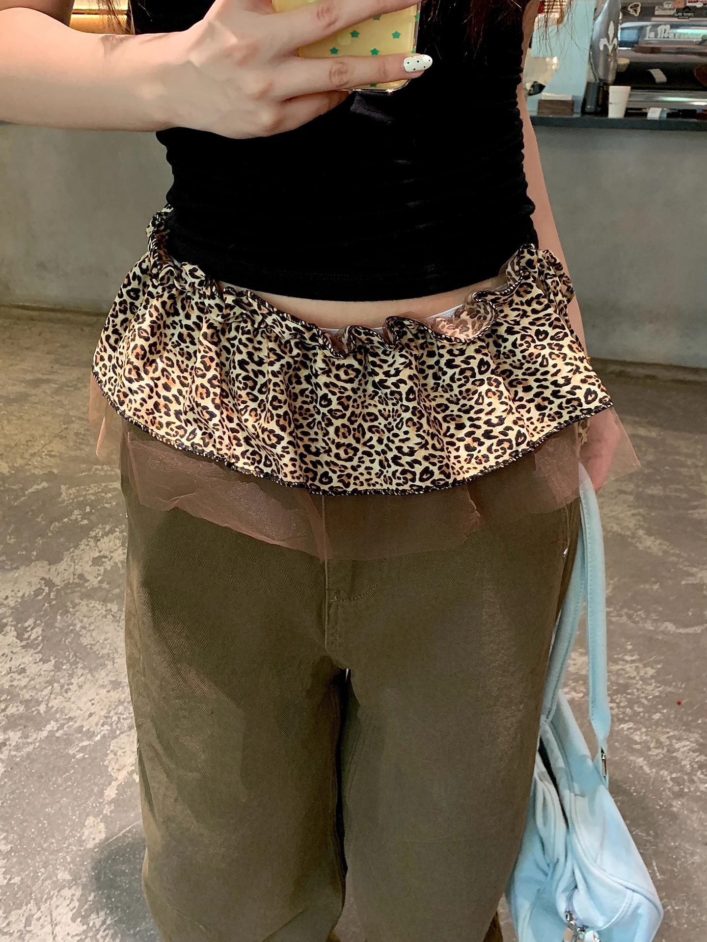 Retro American Spicy Leopard Print Waist Belted Short Skirt with Ruffle Netting Layered Youthful Casual Korean Style Half Skirt