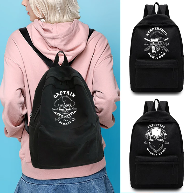 

Casual Travel Backpack Student School Bag Large Capacity Laptop Bag Canvas Skull Print Zipper Unisex Organizer Shoulder Bag