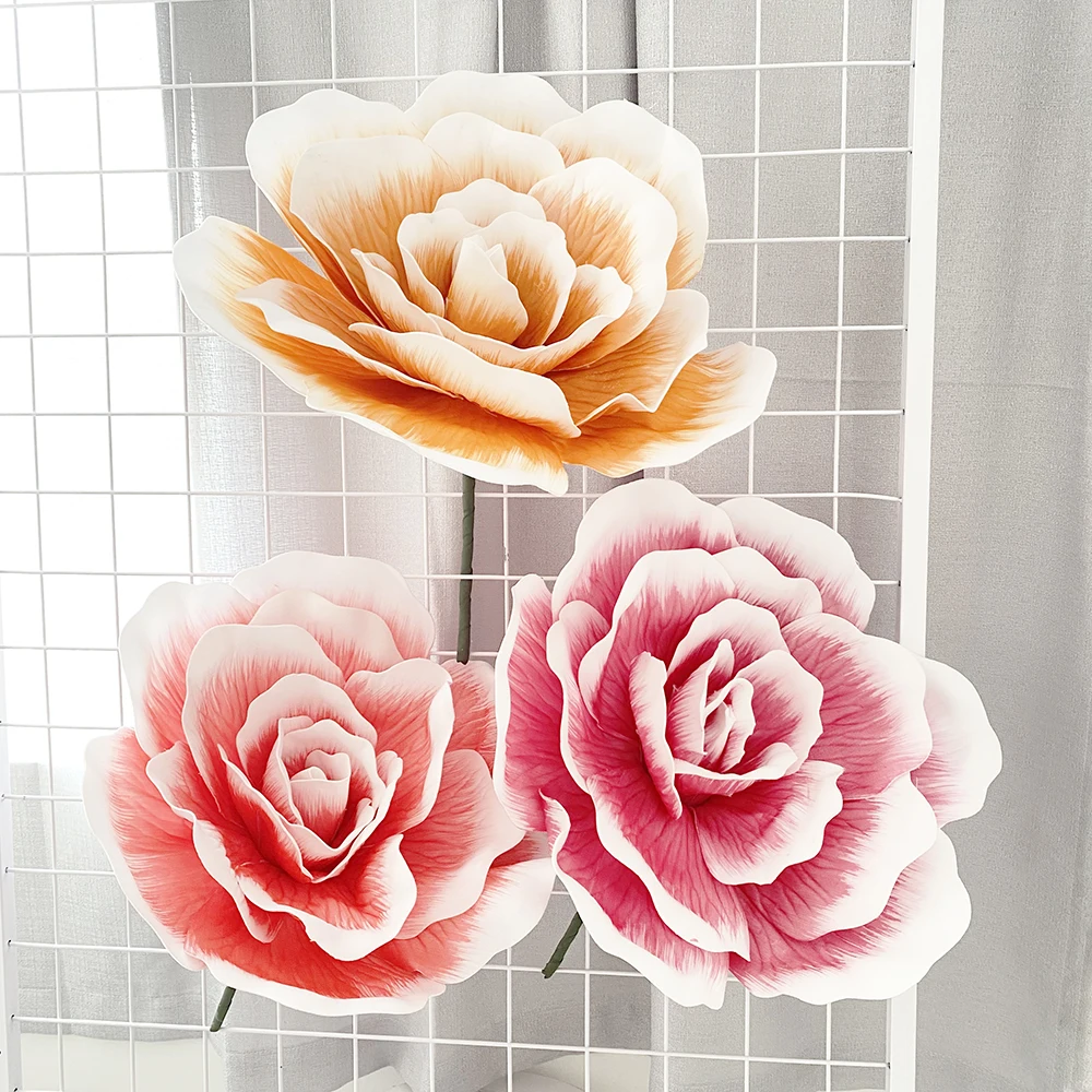 Giant Artificial Flower Foam Rose with Flower Stem and Leaf Stand Big Flower Home Wedding Party Garden Decoration