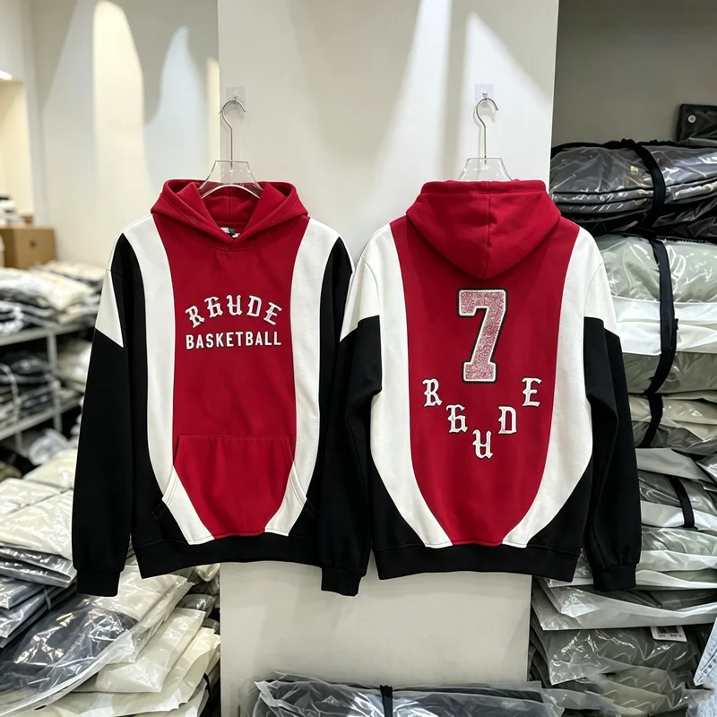Digit 7 Label Basketball Splic Color Rhude Hoodie Men Women High Quality Color Blocking Sweatshirts Loose Casual Sport Pullovers