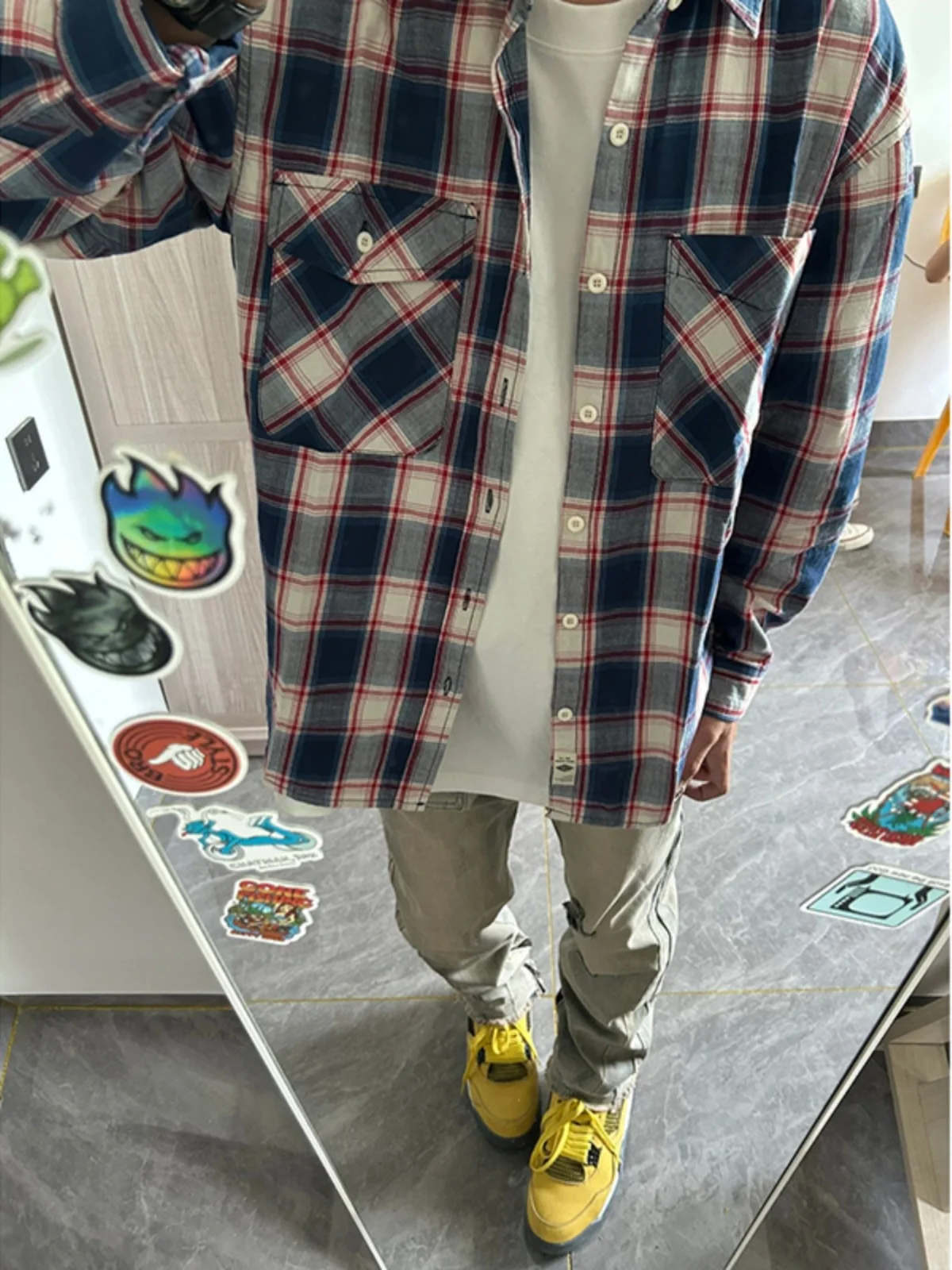 

American Retro Blue Plaid irt Design Sensation High End ort Sve Men's irt Autumn Wear Dk orm Cotton 00% Loose Fit