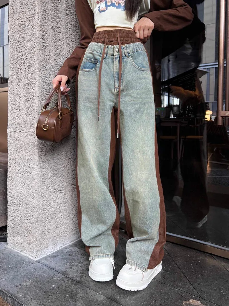 2024 Autumn New Women's Pants Fashionable, Exquisite, Versatile, Casual Style Cowboy Splicing, Made of Old Straight Leg Pants