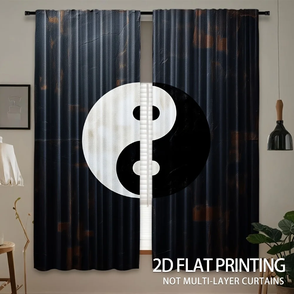 Yin Yang Symbol Curtain, Taoism Balance Print Drape, Zen Oriental Window Treatment for Living Room Bedroom Home Decor