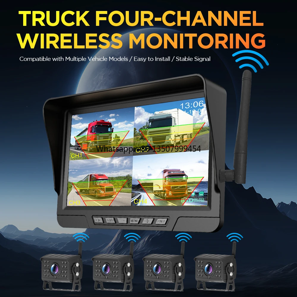 Truck/Trailer/Bus/RV/Pickups 4 Channel Vehicle Digital DVR Recorder Parking Monitor With Wireless Front Rear View AHD Camera