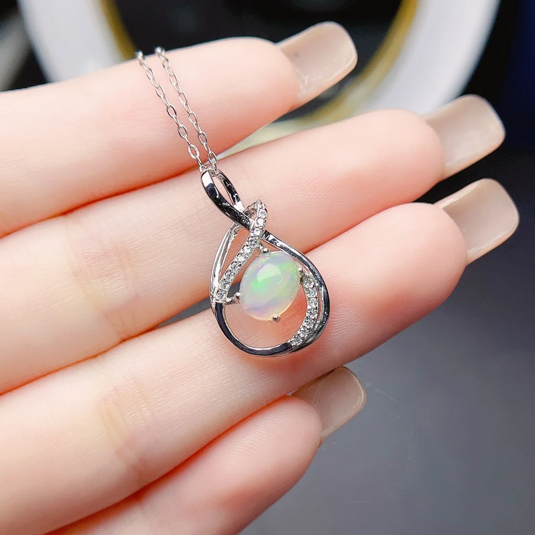 

FS 6*8 Natural Opal Flower Pendant Necklace With Certificate Real S925 Solid Silver Fine Fashion Charm Jewelry for Women MeiBaPJ