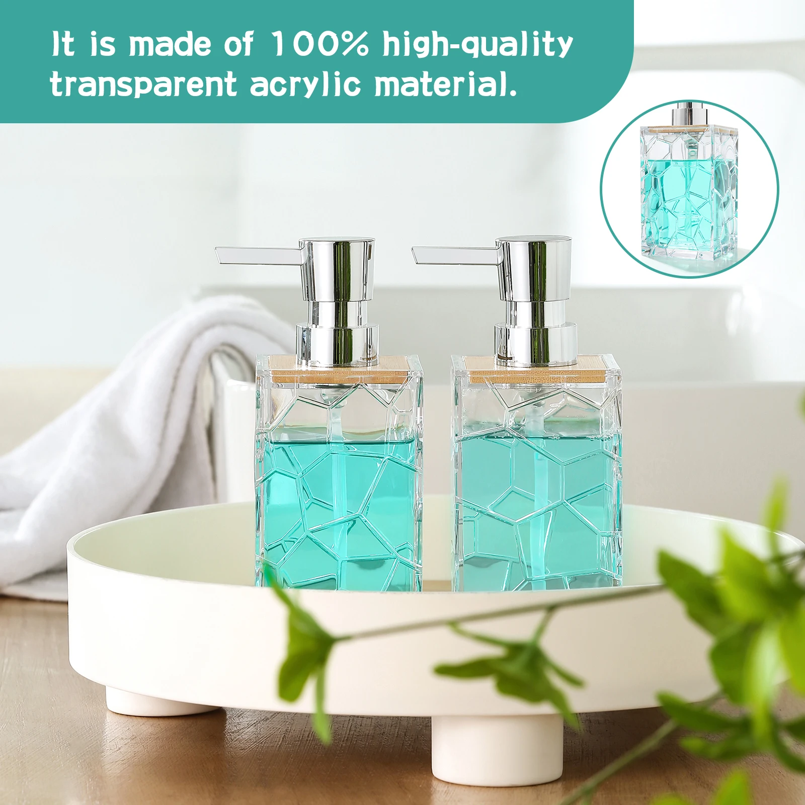 2 Pack Clear Acrylic Soap Dispenser with Bamboo Accents and Wooden Tags for Bathroom and Kitchen Counter